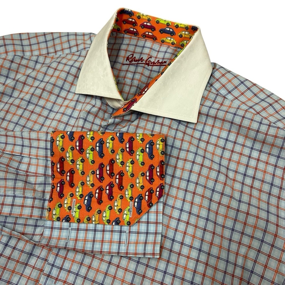 Robert Graham Shirt Men's‎ XL 44 17.5 Plaid Car Flip Cuff Button Up Blue Red